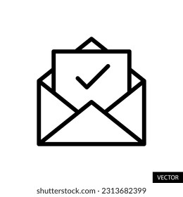Open envelope with tick mark, mail and check mark symbol, mark as read, Email icon in line style design for website, app, ui, isolated on white background. Editable stroke. EPS 10 vector illustration.
