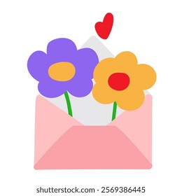 Open envelope with two flowers. Hand drawn flat vector illustration on white background.