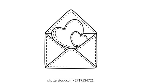Sobre abierto con dos corazones de línea de arte para colorear página que representa una carta de amor o invitación romántica.