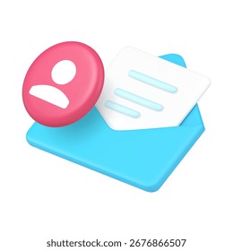 Open envelope and user profile icon for messaging apps and communication platforms. Represents email, contact, personal, interaction, and connection. Modern 3d icon realistic vector illustration.