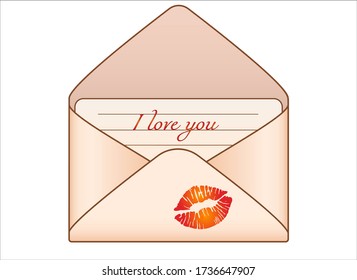Open envelope with valentine card - vector full color picture. Envelope with the letter and lettering "I love you" and the imprint of lipstick. Picture for Valentine's Day.
