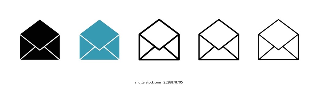 Open envelope vector icon set in black and blue colors.