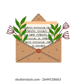 Open envelope, vector icon. Vintage letter with handwritten text, dried leaves and flowers, wax seal. Personal message, invitation, postcard. Postal correspondence, doodle clipart. Isolated on white