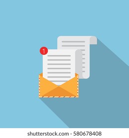 Open Envelope. Vector illustration. Letter and envelope vector icon.  Flat vector cartoon illustration. Isolated on a background. 