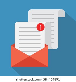 Open Envelope. Vector illustration. Letter and envelope vector icon.  Flat vector cartoon illustration. Isolated on a background. 