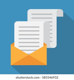 Open Envelope. Vector illustration. Letter and envelope vector icon.  Flat vector cartoon illustration. Isolated on a background. 