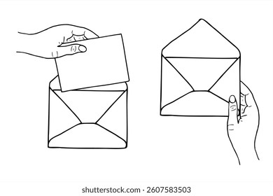 Open envelope vector isolated illustration set painted by black inks. Human hand putting blank letter and hand holding envelope. Monochrome template message concept illustration for your text