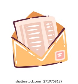 Envelope aberto com carta visível, mensagem de correio postal, entrega de correspondência, conceito de envio e comunicação de documentos, serviço de correio comercial, estilo de desenho animado doodle, ilustração vetorial