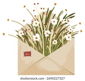 Open Envelope with White Daisies and Berries Watercolor Art