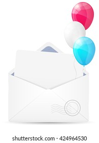 Open envelope with white paper and balloons. Vector illustration.