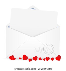 Open envelope with white paper and hearts. Vector illustration. 