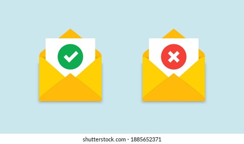 Open envelope witn a notification letter. Approved, rejected message. Document in a yellow postal envelope with check mark, cross mark. Web icons