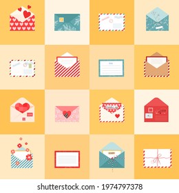 Open envelopes icons and postcards set in flat style. Isolated hand drawn romantic letter and paper card. Vector illustrations for web and print