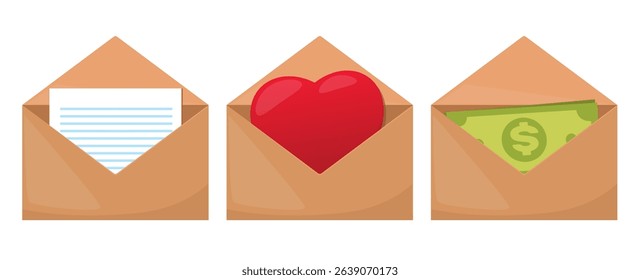 Open envelopes with letter, heart and cash. Document send. Charity love. Finance sponsor. Money banknotes payment. Communication chat. Fundraising pay. Nonprofit support