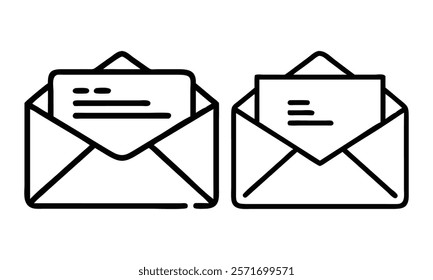 Open envelopes with letters icon, Simple black-and-white line illustration of two open envelopes containing letters, symbolizing communication, mail, or correspondence.