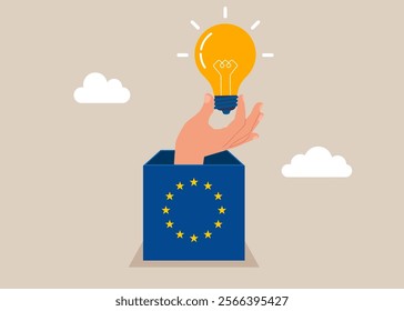 Open European idea using box European Union. Creativity to help see business opportunity, vision to discover new solution or idea, curiosity. Flat vector illustration