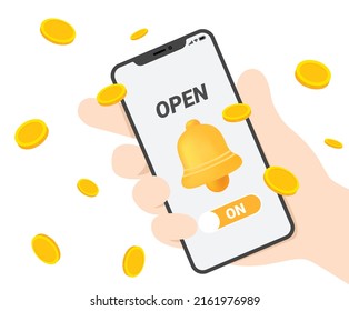 open event alarm receiving mobile apps illustration set. coin, cash, alarm, phone. Vector drawing. Hand drawn style.