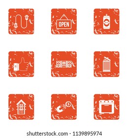 Open event icons set. Grunge set of 9 open event vector icons for web isolated on white background