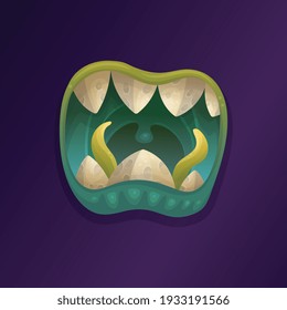Open evil monster mouth with crooked teeth and green snake tongue, cartoon flat vector illustration on purple background. Toothy jaws or mouth of spooky monster beast.