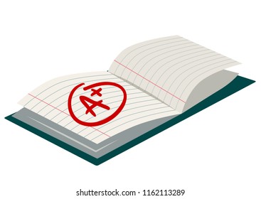 Open exercise book with A plus mark simple flat vector cartoon illustration. Back to school, literacy, education, learning, teaching theme design element  icon isolated on white.
