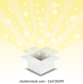 Open explore gift with fly snowflakes vector background. Eps 10