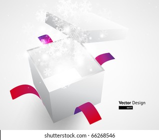 Open explore gift with fly snowflakes vector background