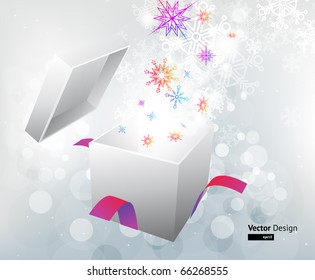 Offenes Geschenk mit Fliegenschneeflakes, Vektorhintergrund