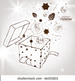 Open explore gift with fly snowflakes, balls and stars