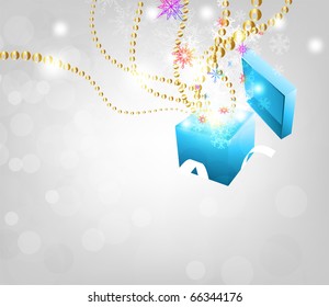 Open explore gift with fly snowflakes vector background. Eps 10