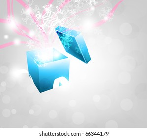 Open explore gift with fly snowflakes vector background. Eps 10