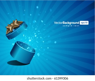 Open explore gift with fly stars vector background. Eps 10