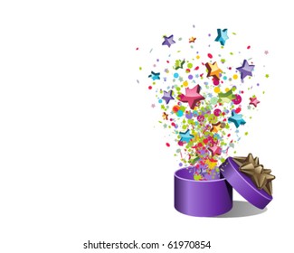Open explore gift with fly stars vector background. Eps 10