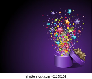 Open explore gift with fly stars vector background. Eps 10