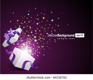 Open explore gift with fly stars vector background