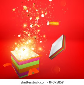 Open explore gift with fly stars vector background