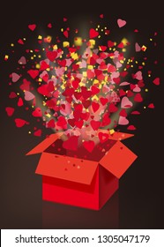 Open explosion red gift box fly hearts and confetti Happy Valentine s day. Vector illustration template bamer poster isolated. Black background