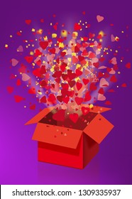 Open explosion red gift box fly hearts and confetti Happy Valentine s day. Vector illustration template baner poster isolated. Violet background