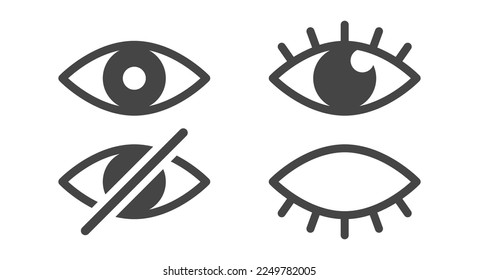Open eye, closed eye, a set of eye icons. Viewing is unavailable. A view or visibility symbol. Flat vector illustration isolated on white background. svg
