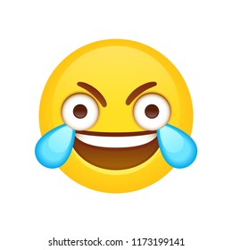 Open Eye Crying Laughing Emoji. Funny crazy meme face with wide open eyes and tears of joy. Vector clip art illustration.