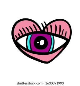 Open eye in heart hand drawn vector illustration logo in cartoon comic stlye 