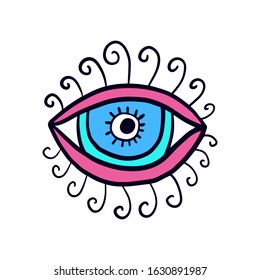 Open eye with lashes hand drawn vector illustration logo in cartoon comic stlye 