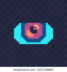 Open eye neon color abstract pixel art icon, isolated vector illustration on dark background. 8-bit sprite. Design for logo, sticker and mobile app.