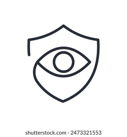 Open eye and shield. Safety. Service of constant surveillance, control, protection. Vector linear icon logo isolated on white background.