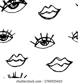Open eyes and lips seamless black and white pattern.. Grunge vector illustration.