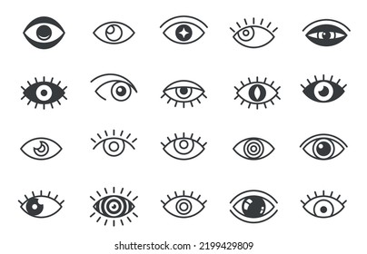 Open eyes symbols. Outline human eye optic icons, eyeball eyelashes linear signs, vision health ophthalmology concept. Vector isolated set. Hypnotic look, witchcraft symbol isolated