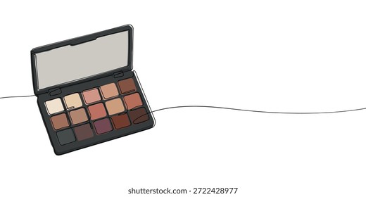 Una paleta de sombras de ojos abierta con múltiples tonos neutros dispuestos en sartenes, ilustrados en un estilo limpio y moderno.