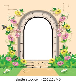 Open fairy door and copy space for text. Magic garden with pink flowers.