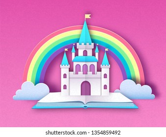 Open fairy tale book with castle and rainbow. Cut out paper art style design. Origami