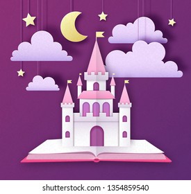 Open fairy tale book with castle with clouds, stars and moon. Cut out paper art style design. Origami