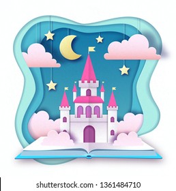 Open fairy tale book with castle with clouds, stars and moon. Cut out paper art style design. Origami